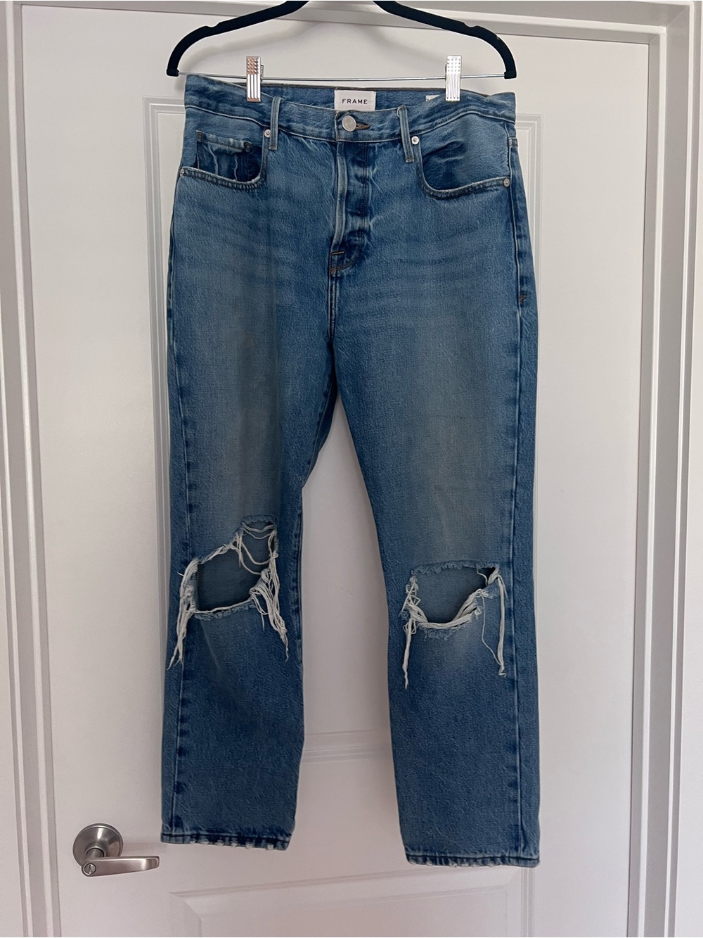 Frame Denim Women’s Straight Distressed Light Blue Jeans